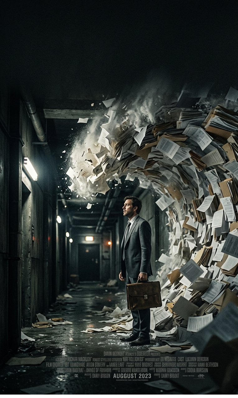 Epic movie poster: office worker in a suit standing alone in a dark corridor, briefcase in hand, facing a monstrous wave of paperwork crashing toward them like a tsunami, dramatic side lighting, title "THE DEADLINE" in bold serif font, tagline: "Some battles cannot be won. Only survived.", photorealistic, 4K image