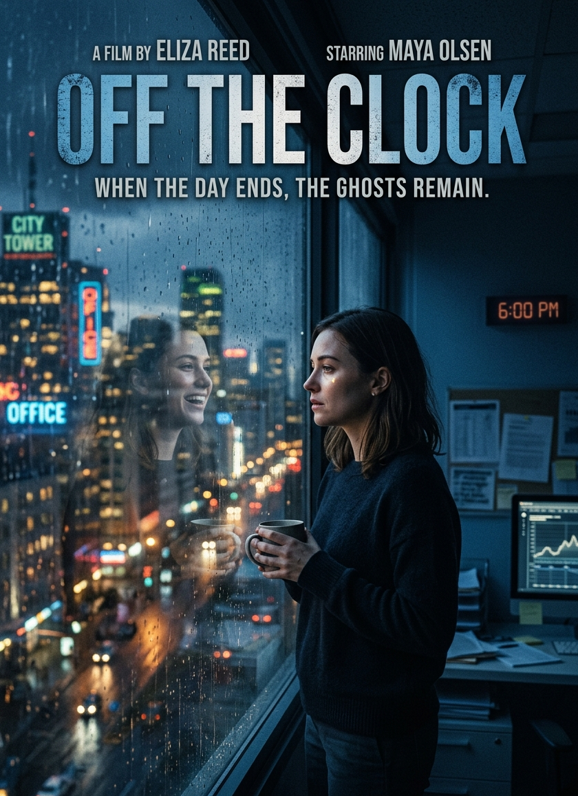 Cinematic movie poster: exhausted employee staring out a rain-soaked office window at 6PM, city lights below, reflection showing the ghost of their work-life balance, moody blue lighting, title "OVERTIME" in cold steel lettering, tagline: "He gave everything. The spreadsheet wanted more.", film grain, ultra HD image