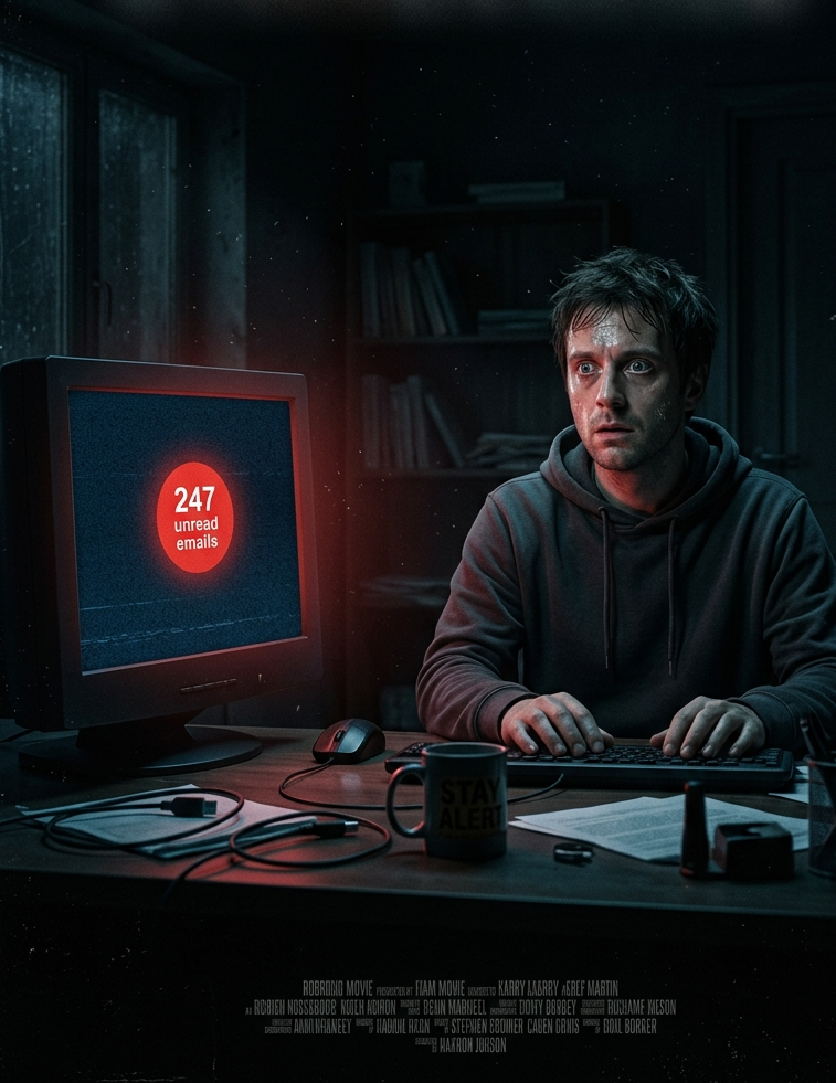 Horror movie poster: person sitting at a desk, frozen in quiet dread, a single notification badge reading "247 unread emails" glowing ominously behind them in the dark, title "INBOX" in dripping red letters, tagline: "They never stop coming.", 4K atmospheric lighting image