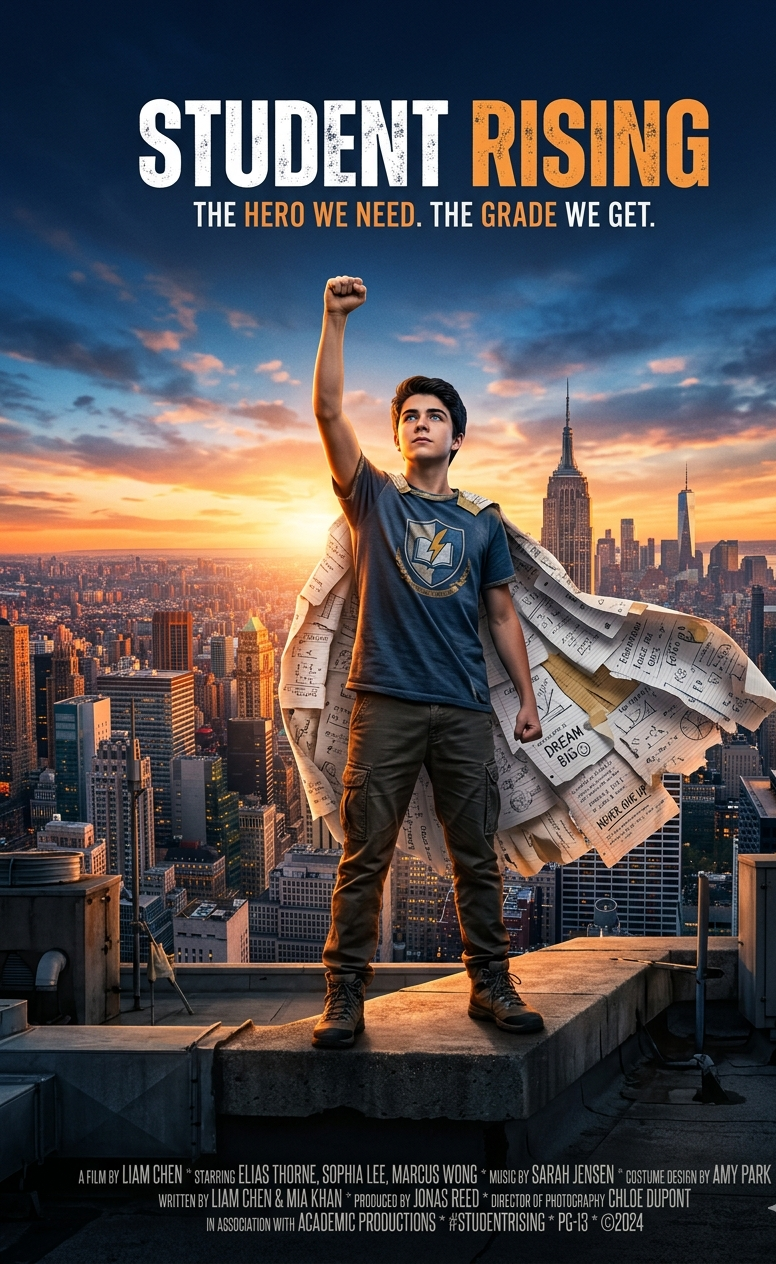 Superhero movie poster: student standing on a rooftop at dawn, cape made of torn notebook paper, fist raised, city skyline behind them, title "THE FINALS" in bold block letters, tagline: "Powered by caffeine. Guided by panic. Somehow still standing.", dramatic uplighting, photorealistic, 4K image