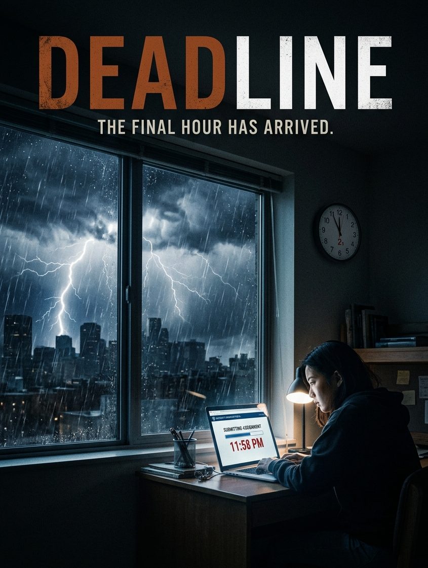 Disaster movie poster: wide shot of a student at a laptop, assignment submission page loading at 11:58PM, two minutes before deadline, storm raging outside the window, title "SUBMIT" in red countdown font, tagline: "Two minutes. One shot. WiFi at 1 bar.", cinematic, 4K image