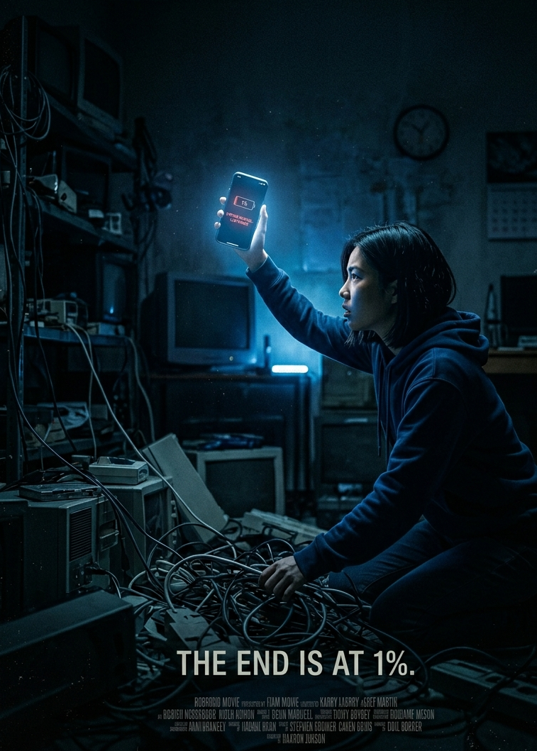 Sci-fi thriller poster: person holding their phone above their head in a dark room, the screen glowing at 1% battery, searching desperately for a charger cable, title "LOW POWER" in flickering neon, tagline: "The cable was never where they left it.", moody blue lighting, 4K image