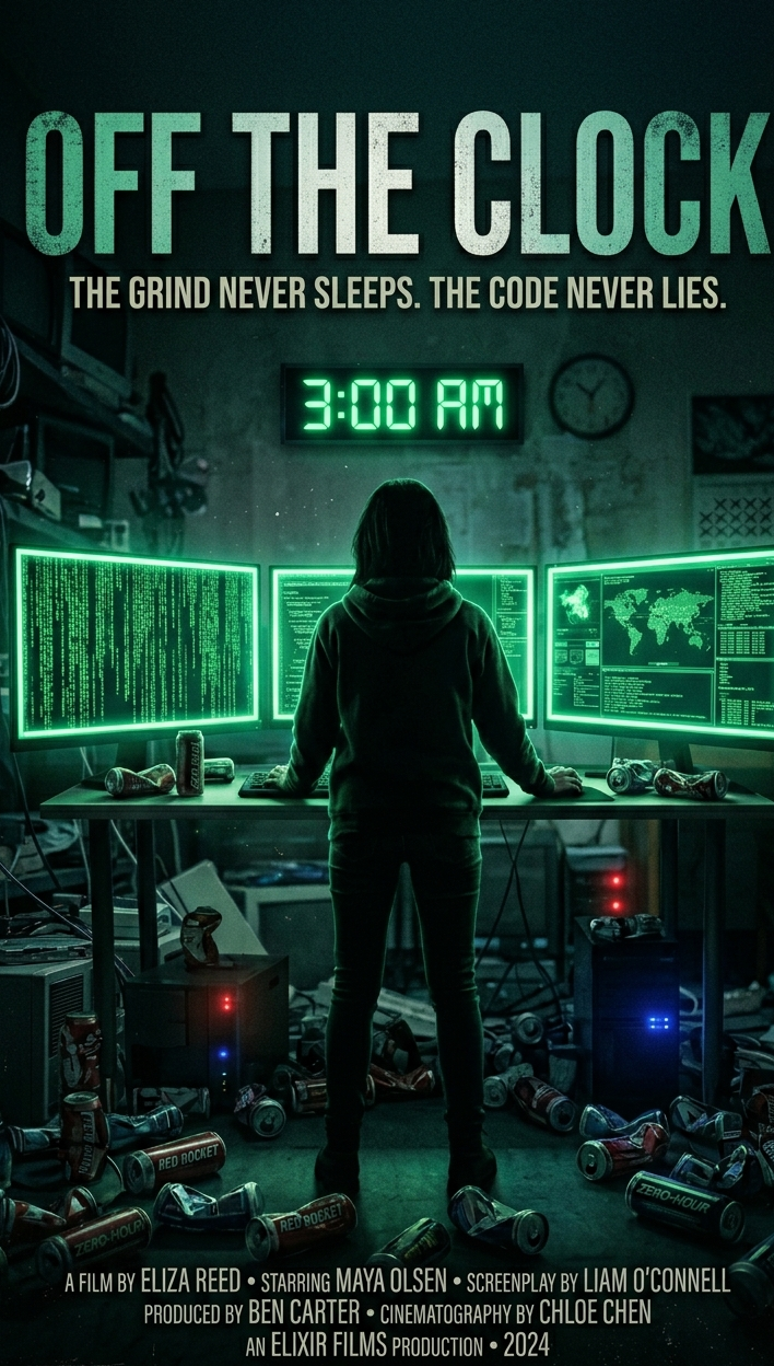Epic action poster: lone programmer silhouetted against the glow of three monitors at 3AM, empty energy drink cans surrounding them like fallen soldiers, title "DEBUG MODE" in cold neon green, tagline: "The error was on line 1. They found it on line 847.", cinematic, film grain, ultra HD image