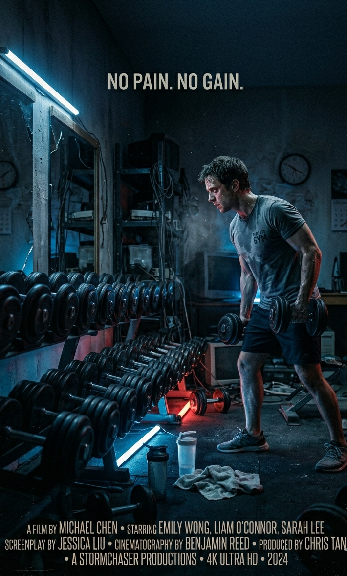 Action movie poster: gym beginner in workout gear facing a rack of dumbbells like an opposing army, dramatic underlighting, sweat and determination, title "LEG DAY" in brutal iron-stamped font, tagline: "They came. They saw. They considered going home.", cinematic wide shot, 4K image