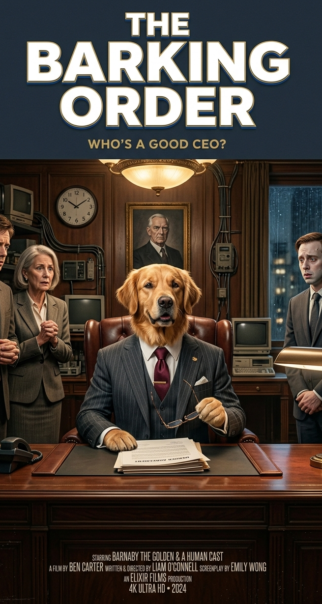 Comedy blockbuster poster: golden retriever in a tiny suit sitting confidently behind an executive desk, humans standing nervously around them, title "WHO'S A GOOD BOSS" in bold playful font, tagline: "He promoted himself. No one stopped him.", warm boardroom lighting, ultra-realistic, 4K image