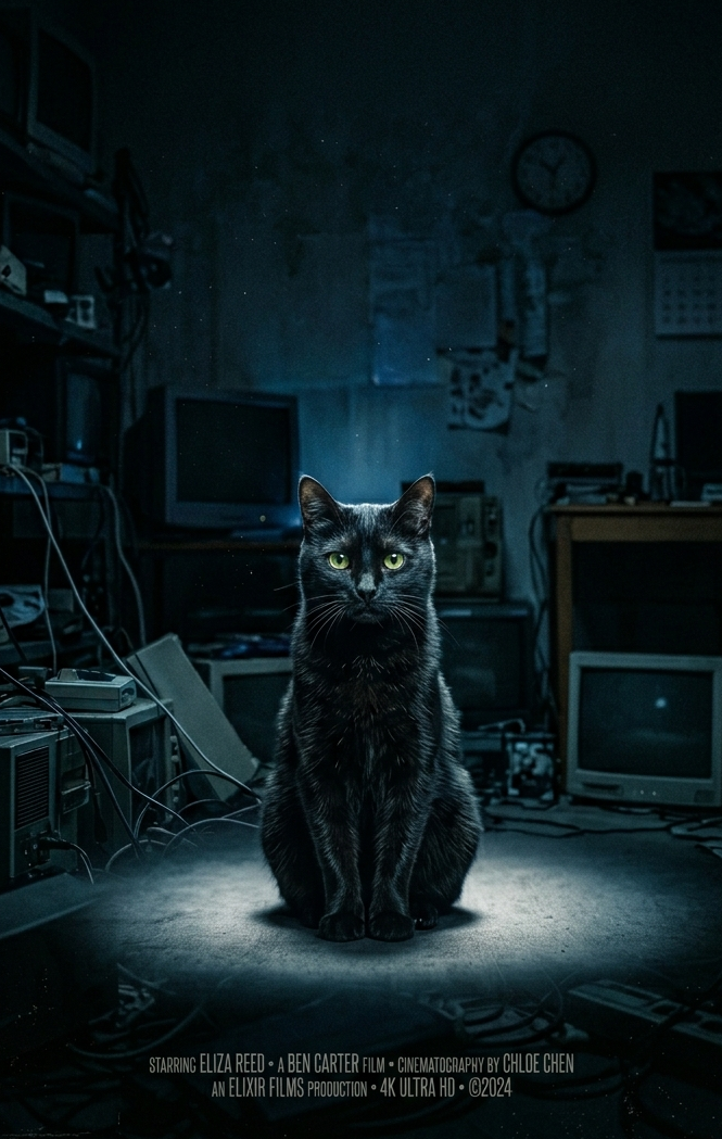 Psychological thriller poster: cat sitting perfectly still in the center of a dark room, staring directly into camera, title "THEY KNOW" in minimalist cold serif, tagline: "You closed 47 tabs. They saw everything.", dramatic single spotlight, photorealistic, 4K image