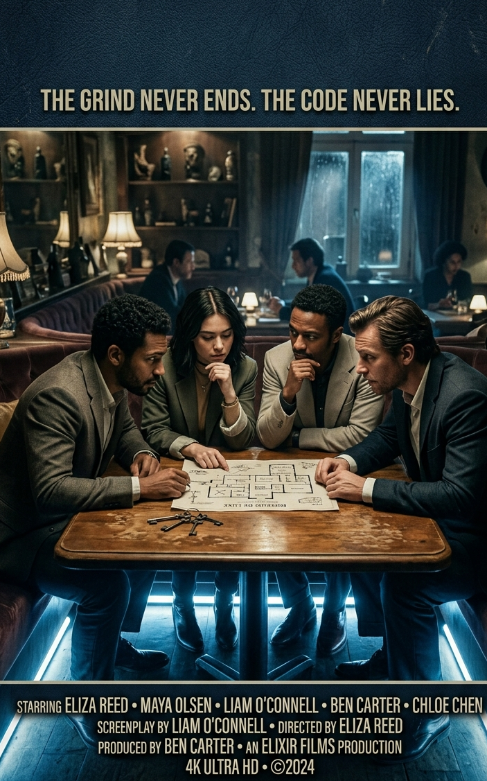 Heist movie poster: group of friends around a restaurant table, each one leaning in conspiratorially, title "THE SPLIT BILL" in sharp heist-movie font, tagline: "Eight people. One check. No one brought cash.", dramatic underlighting, cinematic ensemble shot, 4K image