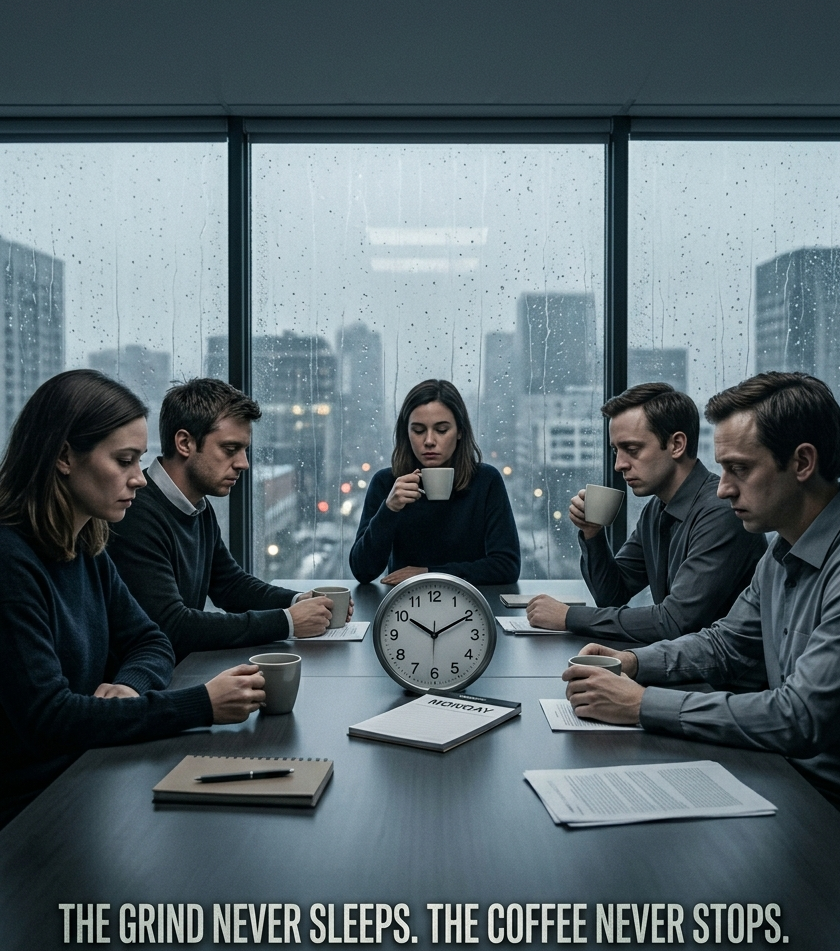Epic ensemble poster: group of coworkers gathered solemnly around a meeting room table on a Monday morning, coffee cups in hand, nobody making eye contact, title "THE WEEKLY SYNC" in bleak corporate serif, tagline: "This could have been an email. It was not.", flat grey lighting, deadpan realism, 4K image